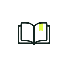 An open informational book with a magnifying glass